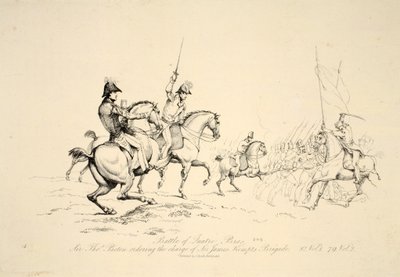 Battle of Quatre Bras: Sir Thomas Picton Ordering the Charge of Sir James Kempts Brigade, pub. J. Booth, 1816 by George Jones